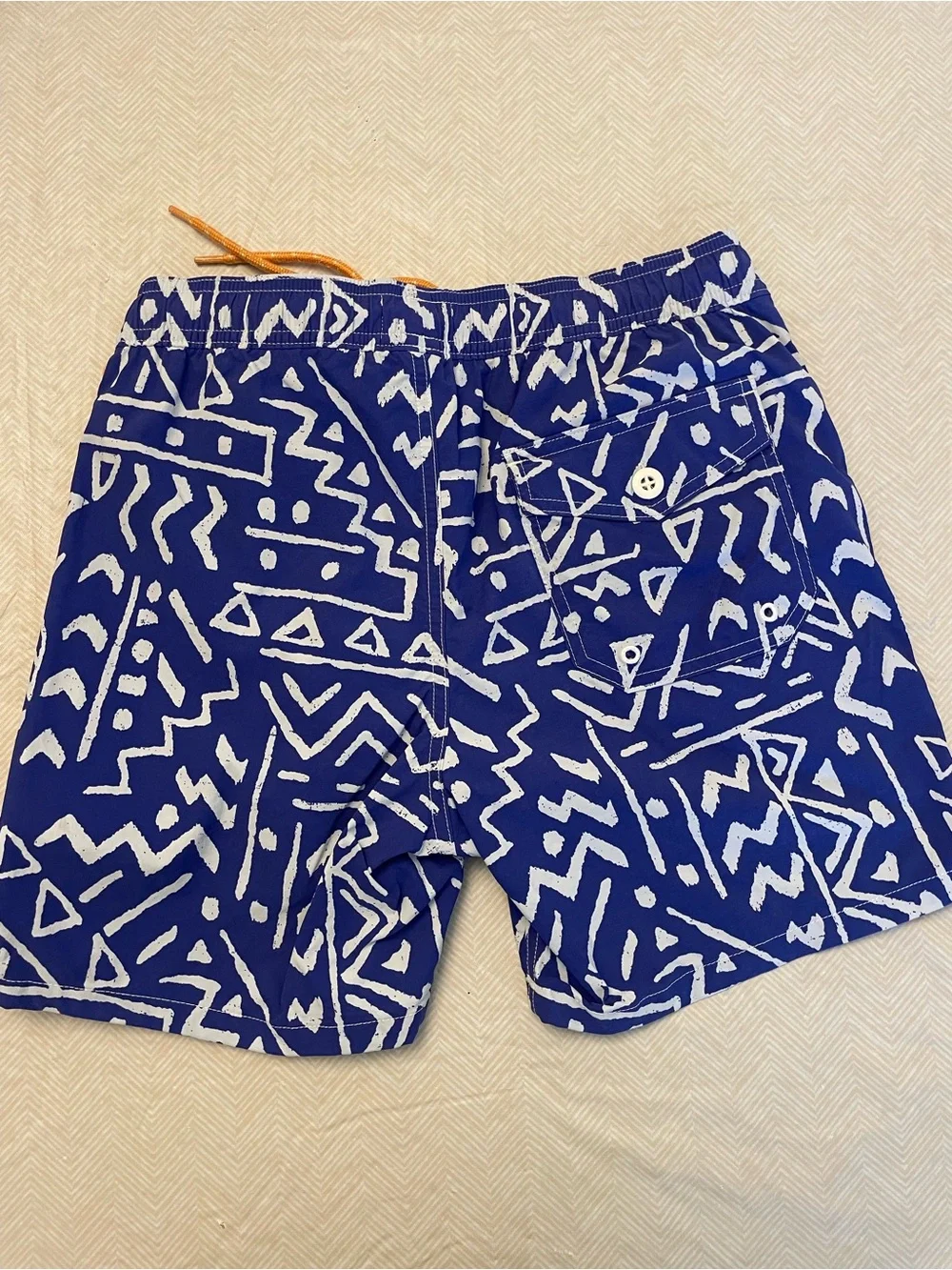 J. Crew Blue & White Geometric Swim Trunks with Orange Drawstring